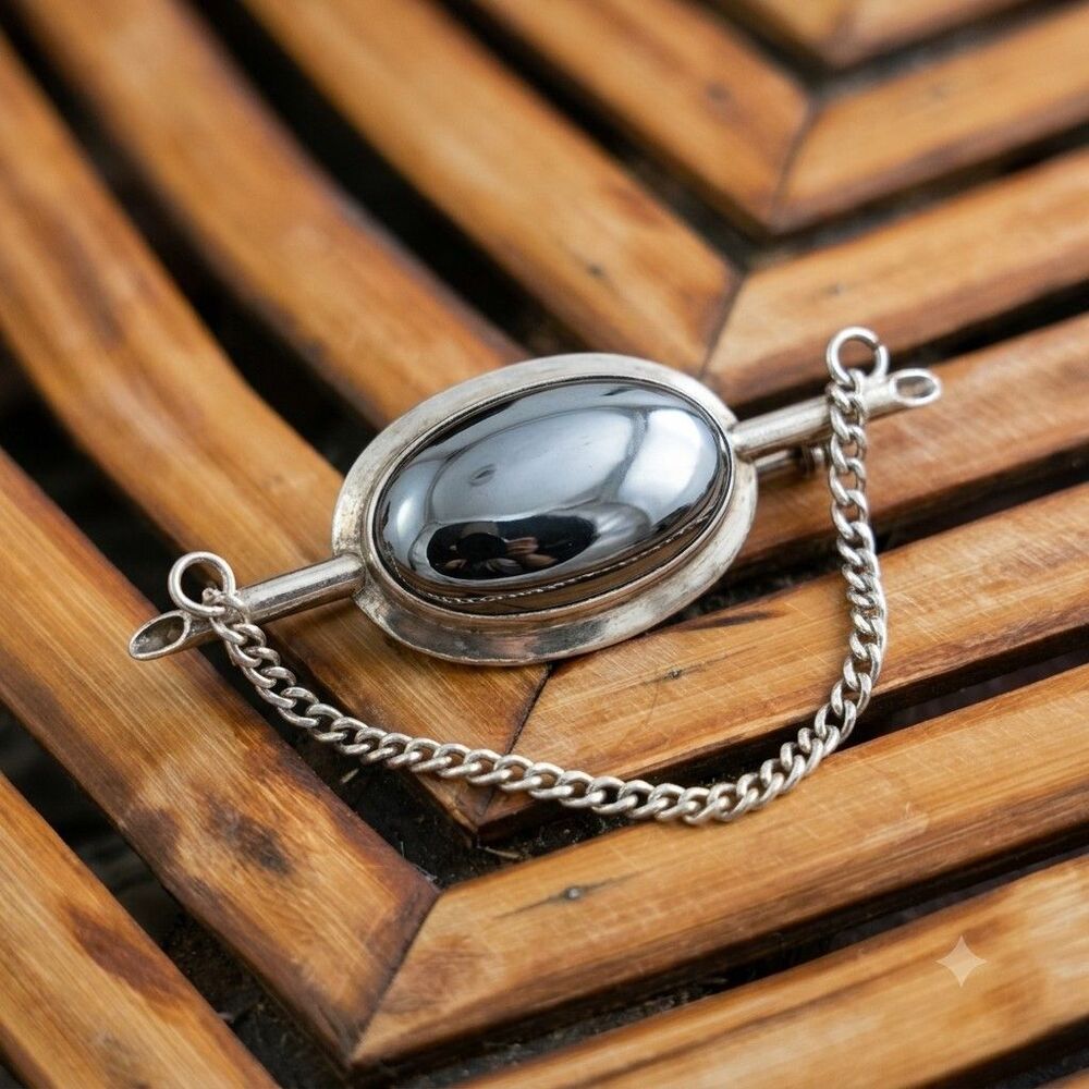 Vintage Silver Tone Hematite Bar Brooch Pin with Draped Safety Chain Oval Stone